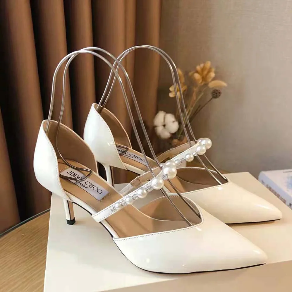 Jimmy Choo Aurelie 85 Latte Patent Leather Pointed Pumps with Pearl Embellishment for Women Jimmy Choo Aurelie 85 Latte Patent Leather Pointed Pumps with Pearl Embellishment for Women