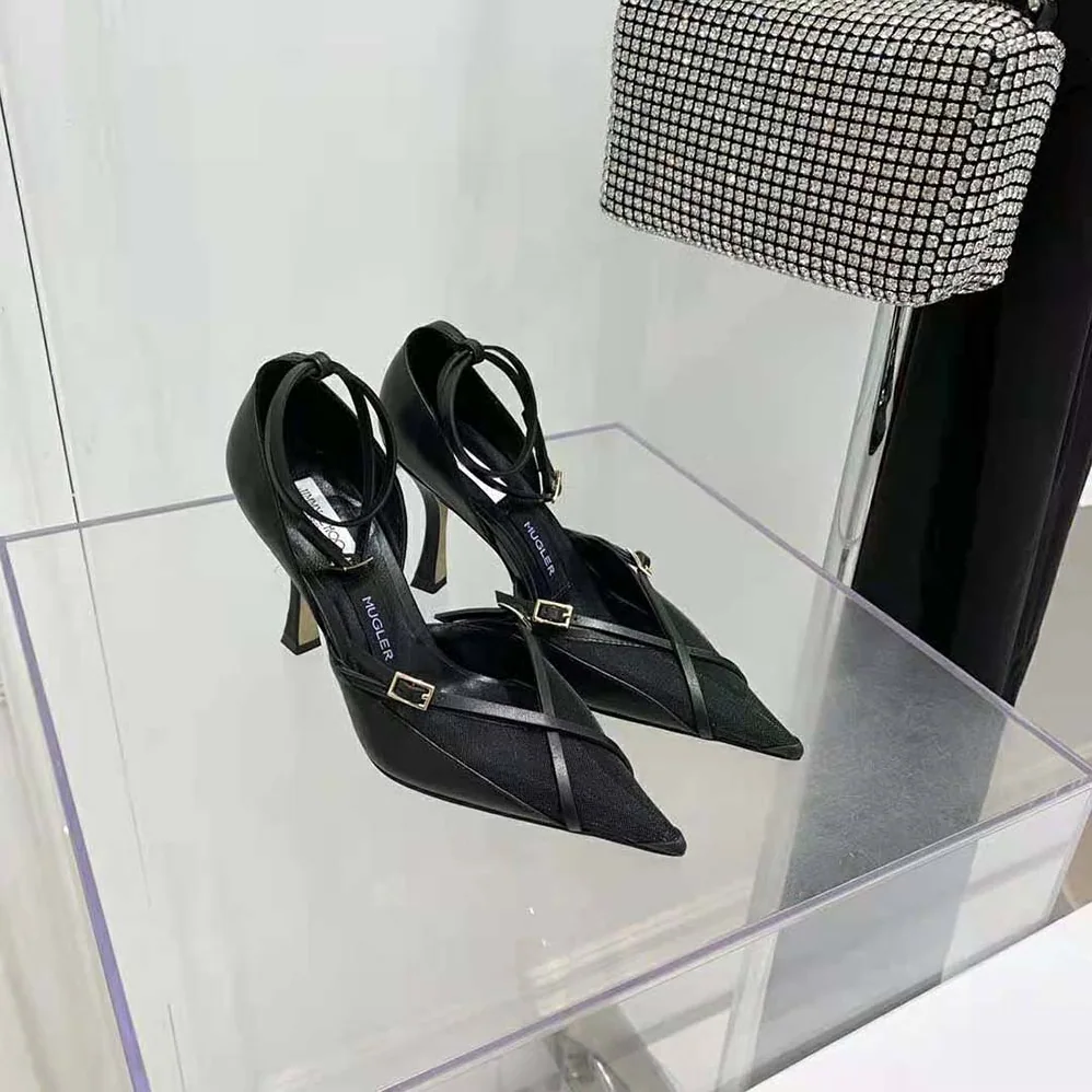 Jimmy Choo Mugler Strap Pump Black Kid Leather and Mesh Pumps with Straps for Women