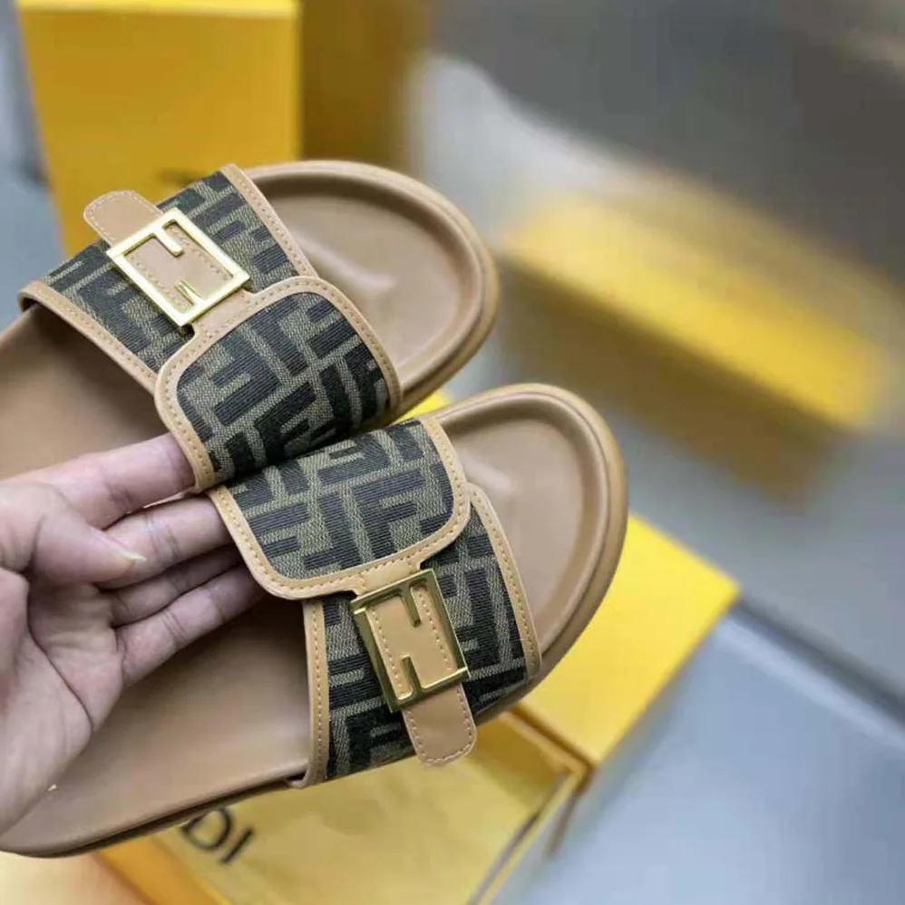 Fendi Feel Brown Fabric Slides for Women