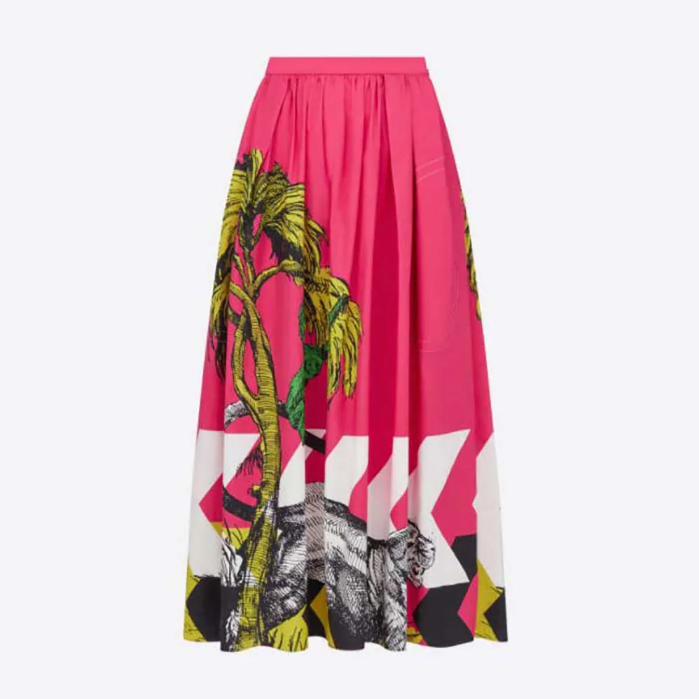 Dior Mid-Length Pleated Skirt Pink Cotton Poplin with Multicolor D for Women in Tiger Pop Motif