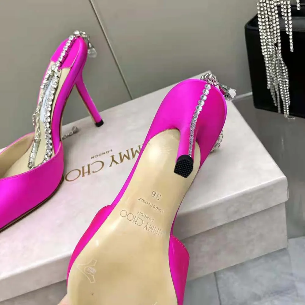 Jimmy Choo Saeda 100 Fuchsia Satin Pumps with Crystal Embellishment for Women Jimmy Choo Saeda 100 Fuchsia Satin Pumps with Crystal Embellishment for Women