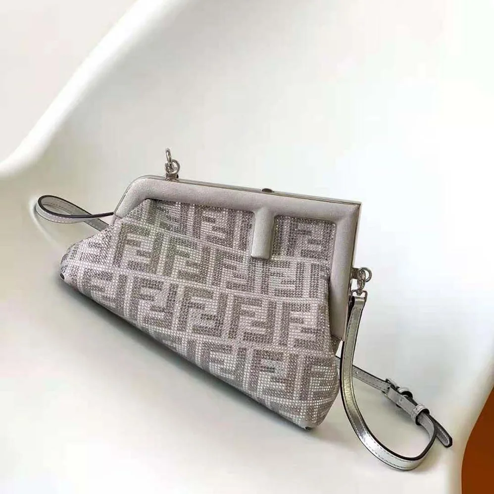 Fendi First Small Silver Leather Bag with Crystal FF Motif for Women Fendi First Small Silver Leather Bag with Crystal FF Motif for Women