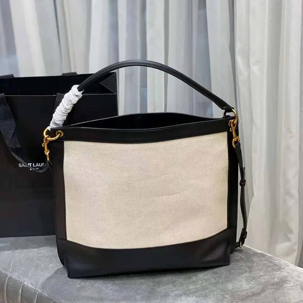 Saint Laurent YSL Tag Hobo Bag in Canvas and Leather for Women Saint Laurent YSL Tag Hobo Bag in Canvas and Leather for Women