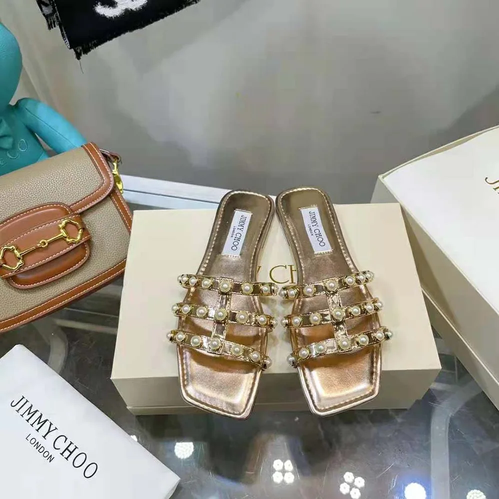 Jimmy Choo Hazal Flat Gold Liquid Metal Leather Flats with Pearl Studs for Women Jimmy Choo Hazal Flat Gold Liquid Metal Leather Flats with Pearl Studs for Women