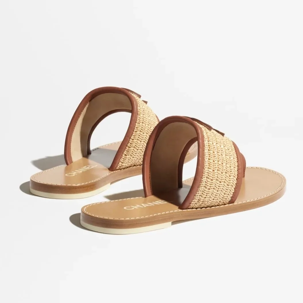 Chanel Mules Beige/ Brown Raffia --U7241