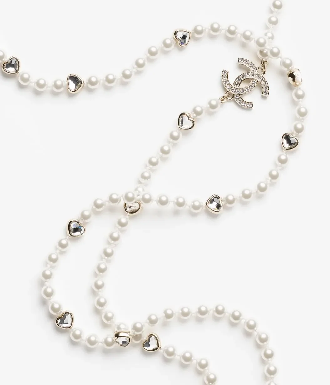 Chanel Long Necklace Gold Pearly White & Crystal