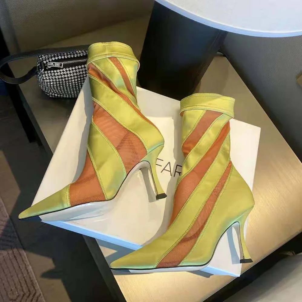 Jimmy Choo Mugler Sock Ankle Boot Neon Yellow and Nude Sheer Spiral Stretch Fabric for Women Jimmy Choo Mugler Sock Ankle Boot Neon Yellow and Nude Sheer Spiral Stretch Fabric for Women