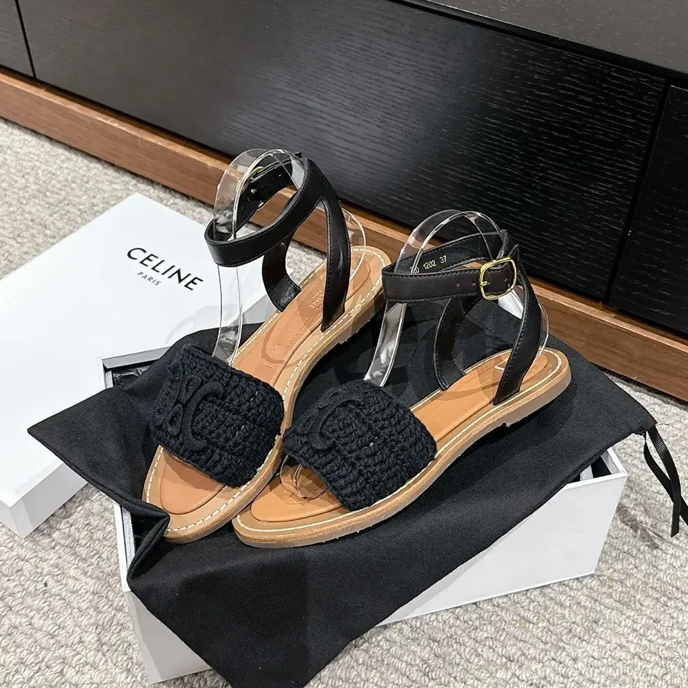 Celine Lympia Sandal in Triomphe Maccramé Cotton & Calfskin for Women in Black Celine Lympia Sandal in Triomphe Maccramé Cotton & Calfskin for Women in Black