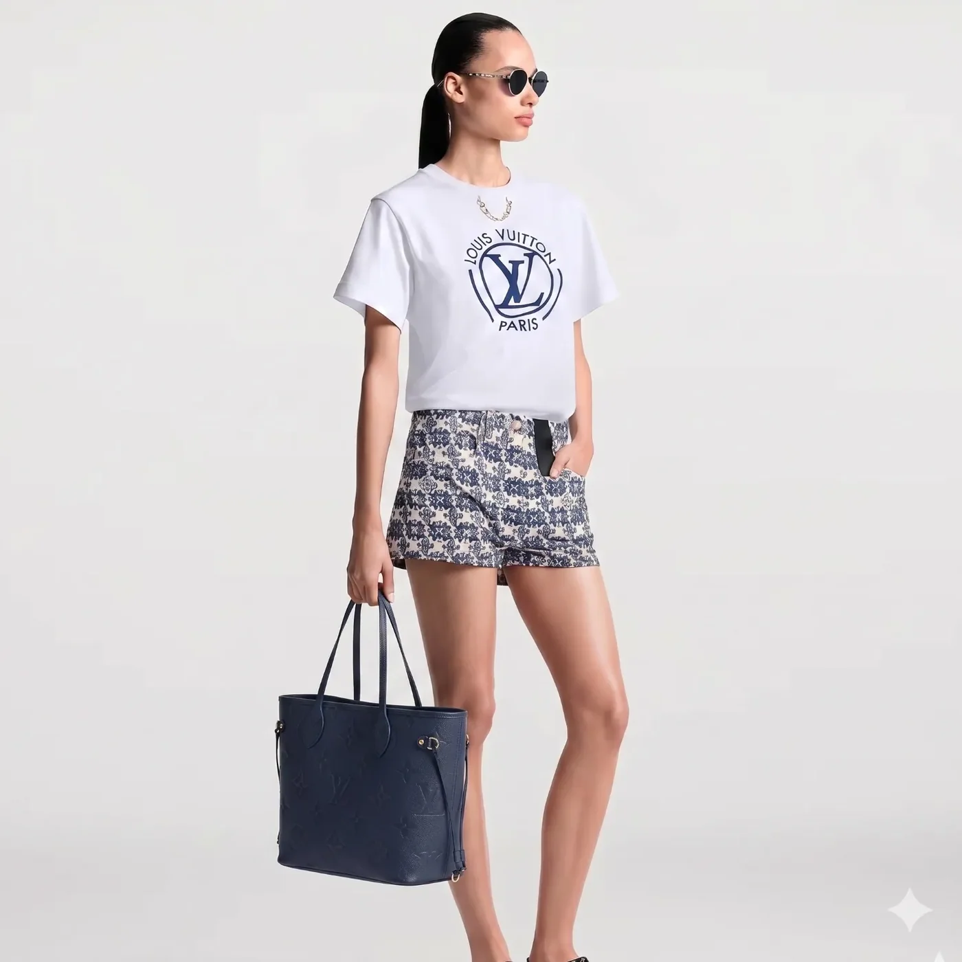 Louis Vuitton Neverfull MM Tote Bag / Navy Blue Monogram Empreinte Gold Hardware
