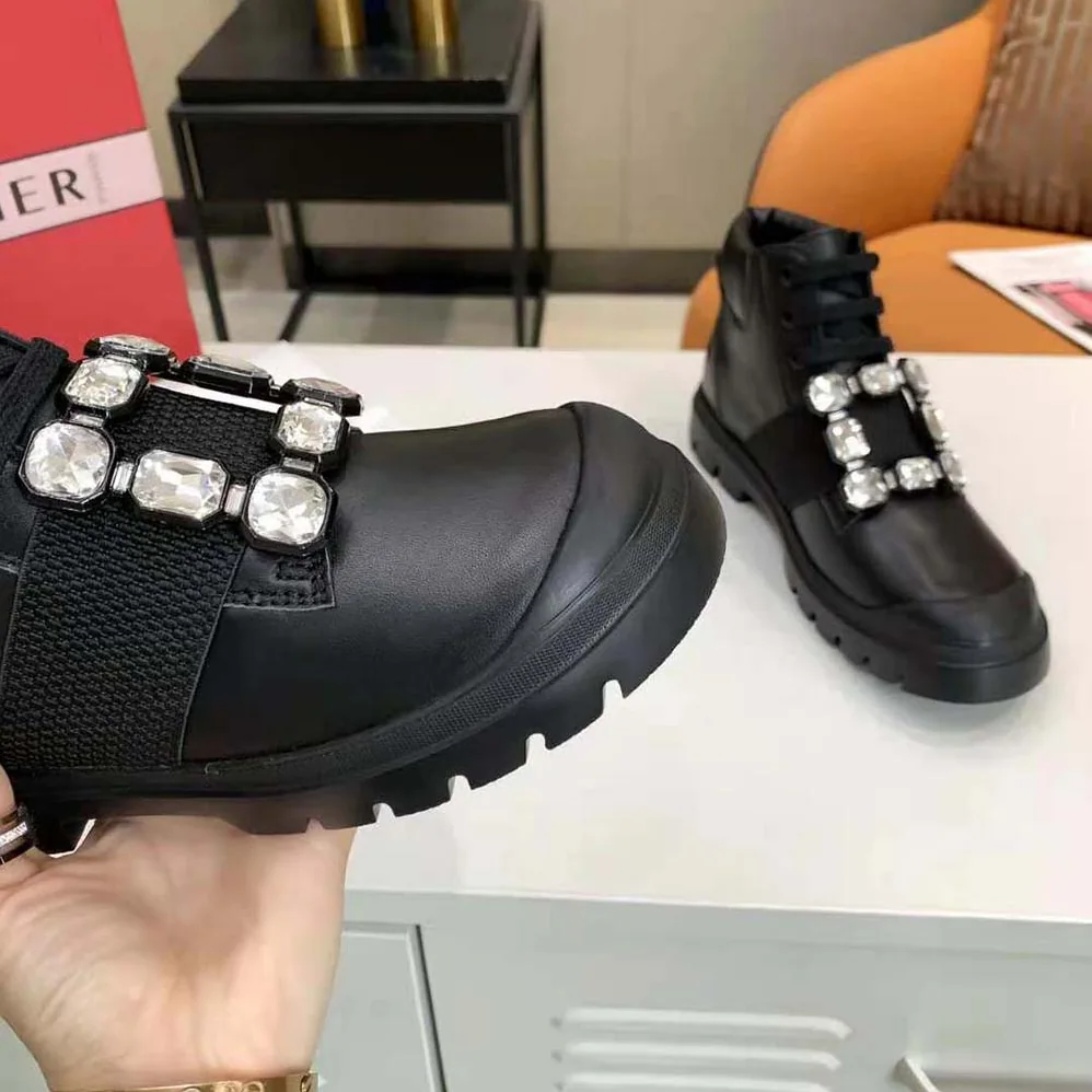 Roger Vivier Walky Viv' Lace Up Strass Buckle Booties in Leather for Women Roger Vivier Walky Viv' Lace Up Strass Buckle Booties in Leather for Women