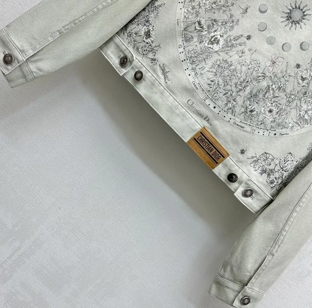 Dior Jacket Cotton Denim with Sage Green Dior Astral Flowers Motif for Women Dior Jacket Cotton Denim with Sage Green Dior Astral Flowers Motif for Women