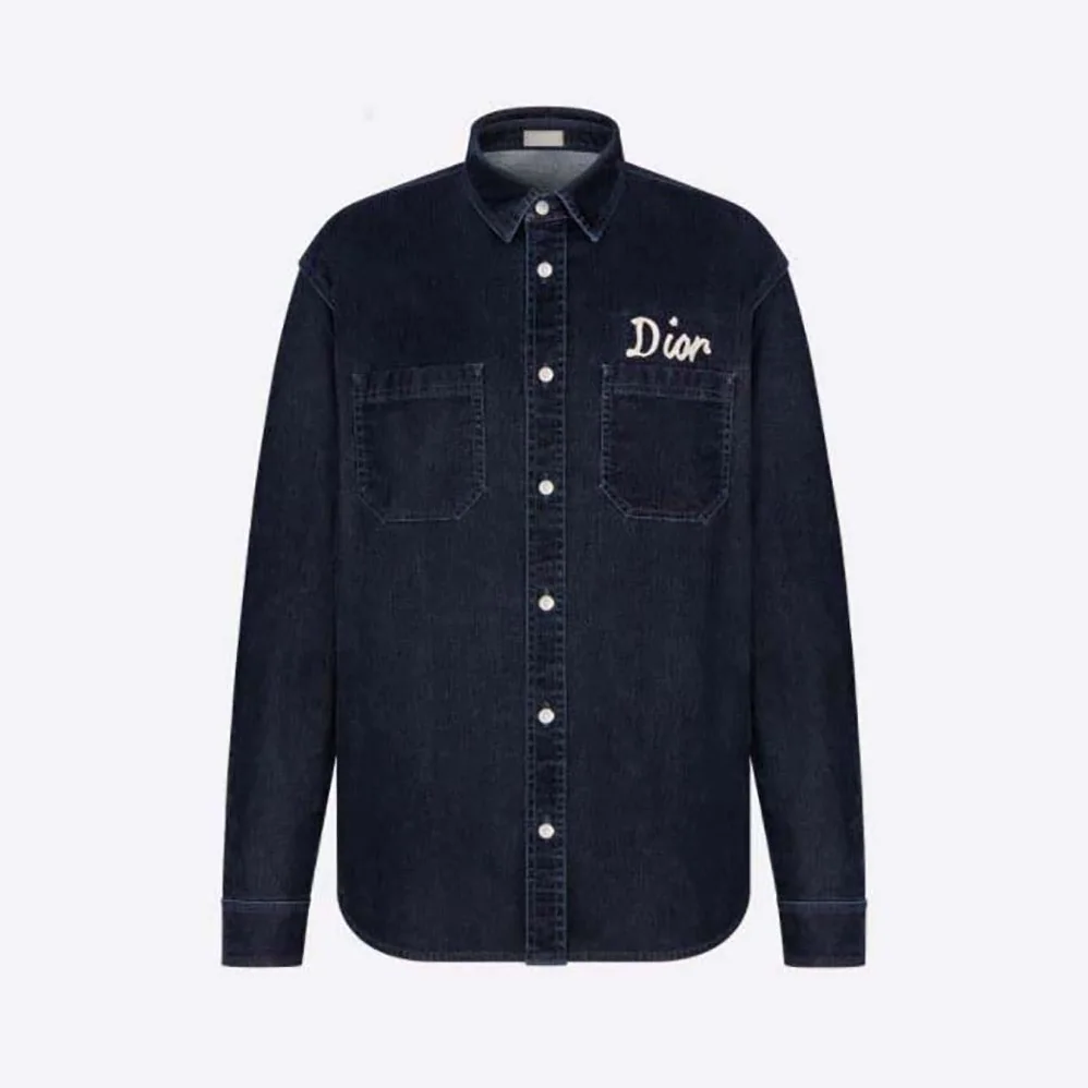 Dior Overshirt Navy Blue Flocked Technical Cotton Denim for Men Dior Overshirt Navy Blue Flocked Technical Cotton Denim for Men