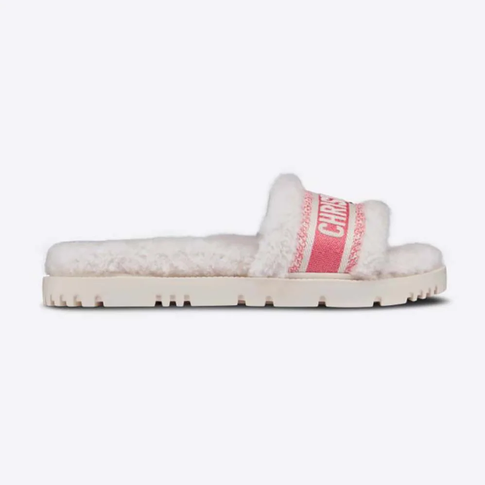 Dior Dway Slide Peony Pink Embroidered Cotton and White Shearling for Women