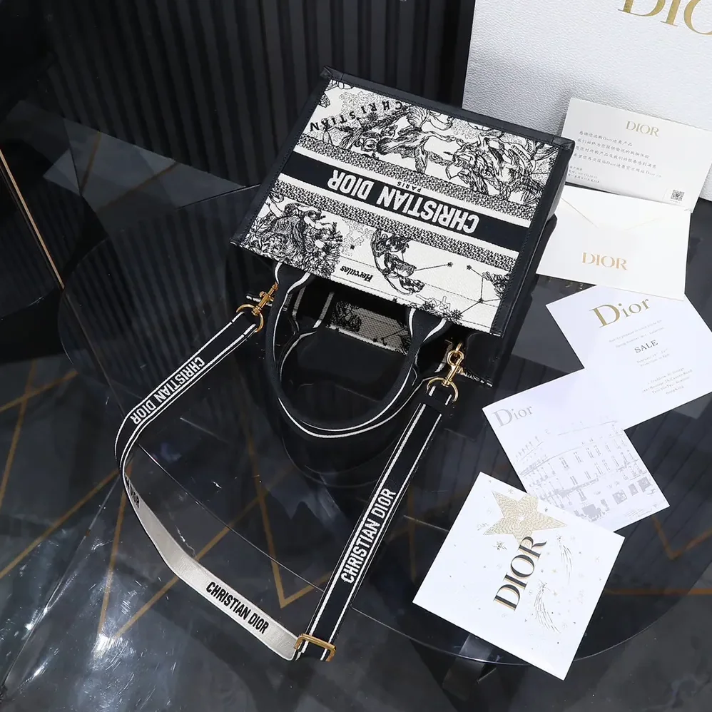 Dior Small Dior Book Tote Latte and Black Dior Zodiac Embroidery with Black Calfskin for Women Dior Small Dior Book Tote Latte and Black Dior Zodiac Embroidery with Black Calfskin for Women