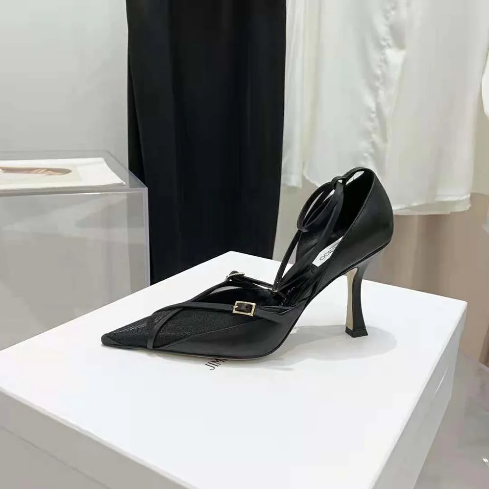 Jimmy Choo Mugler Strap Pump Black Kid Leather and Mesh Pumps with Straps for Women