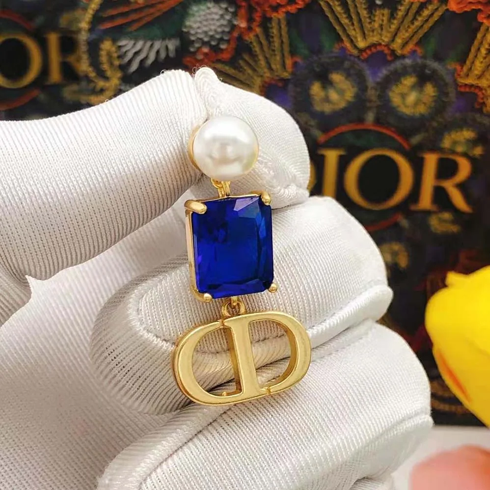 Dior Petit CD Earrings Gold-Finish Metal with White Resin Pearls and Fluorescent Blue Crystals for Women