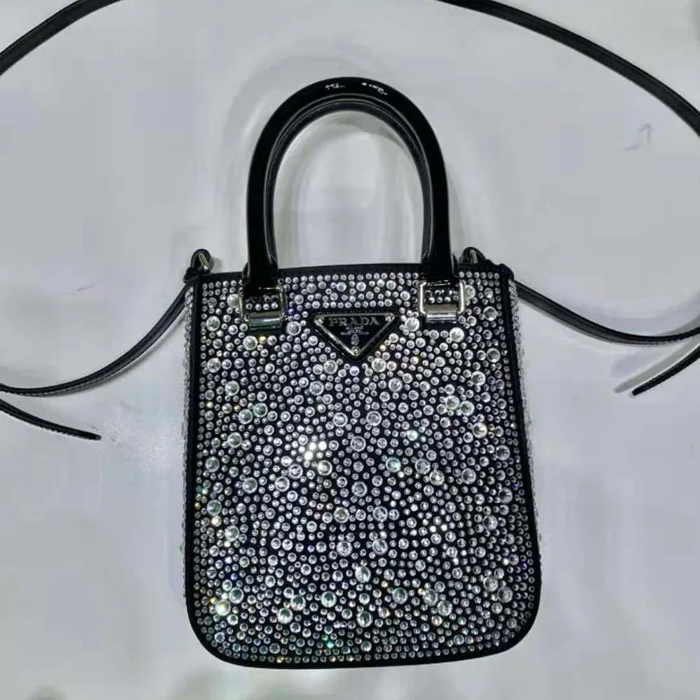 Prada Small Crystal-Studded Satin Tote Bag for Women in Black