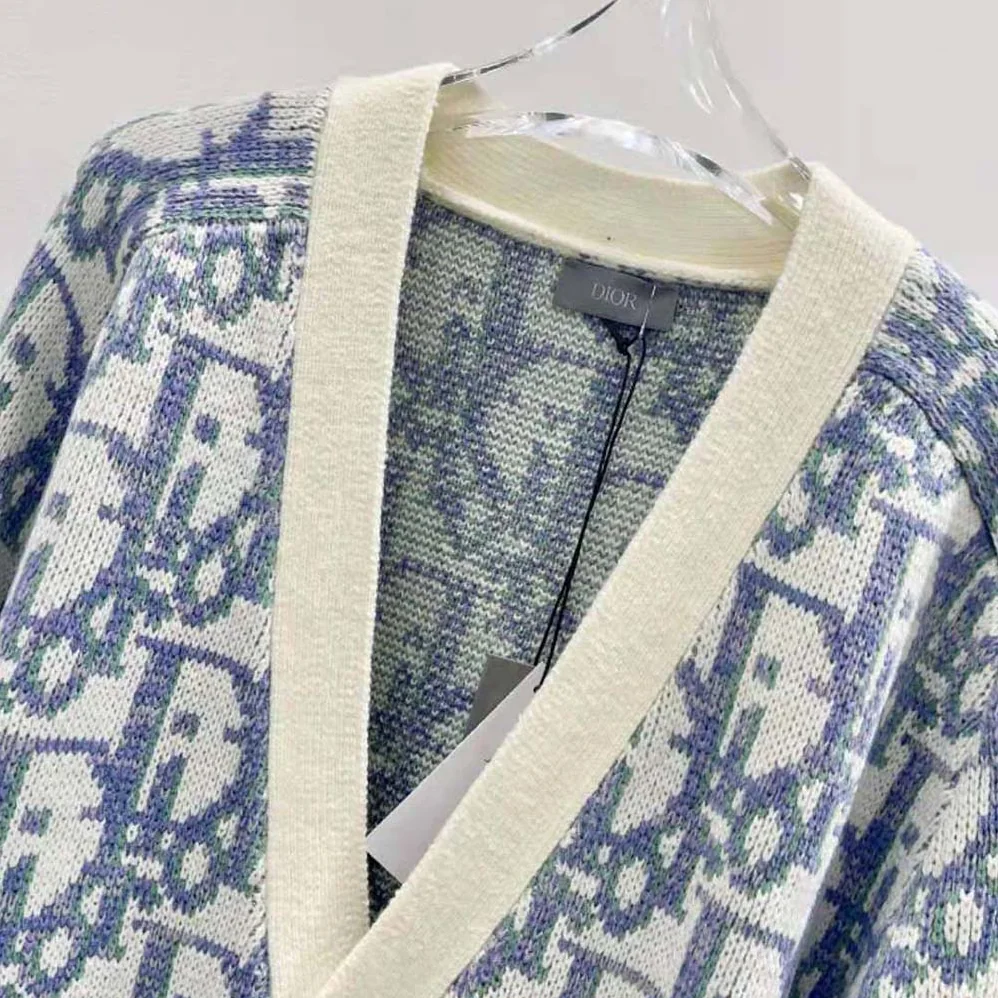 Dior Oblique Cardigan White Mauve and Sea Green Wool Jacquard for Men Dior Oblique Cardigan White Mauve and Sea Green Wool Jacquard for Men