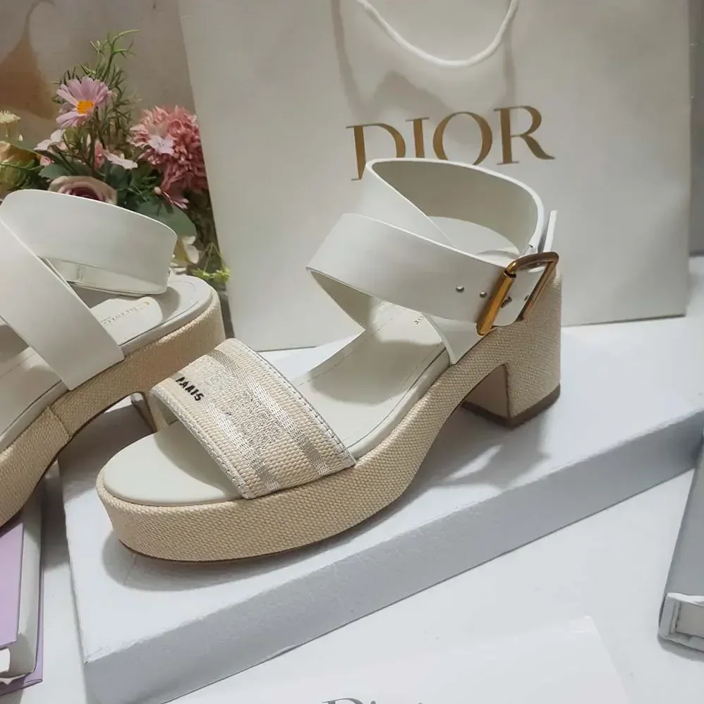 Dior Dioriviera Dway Heeled Sandal Natural Raffia White Calfskin and Embroidered Cotton for Women Dior Dioriviera Dway Heeled Sandal Natural Raffia White Calfskin and Embroidered Cotton for Women