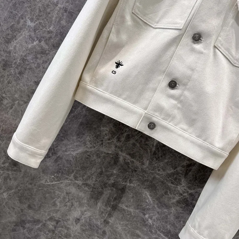 Dior Jacket White Cotton Denim with Gold-Tone Dior Around the World Motif for Women Dior Jacket White Cotton Denim with Gold-Tone Dior Around the World Motif for Women