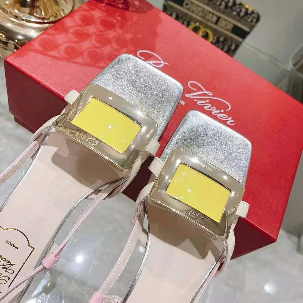 Roger Vivier Belle Vivier Metal Buckle Sandals in Patent Leather for Women in Yellow