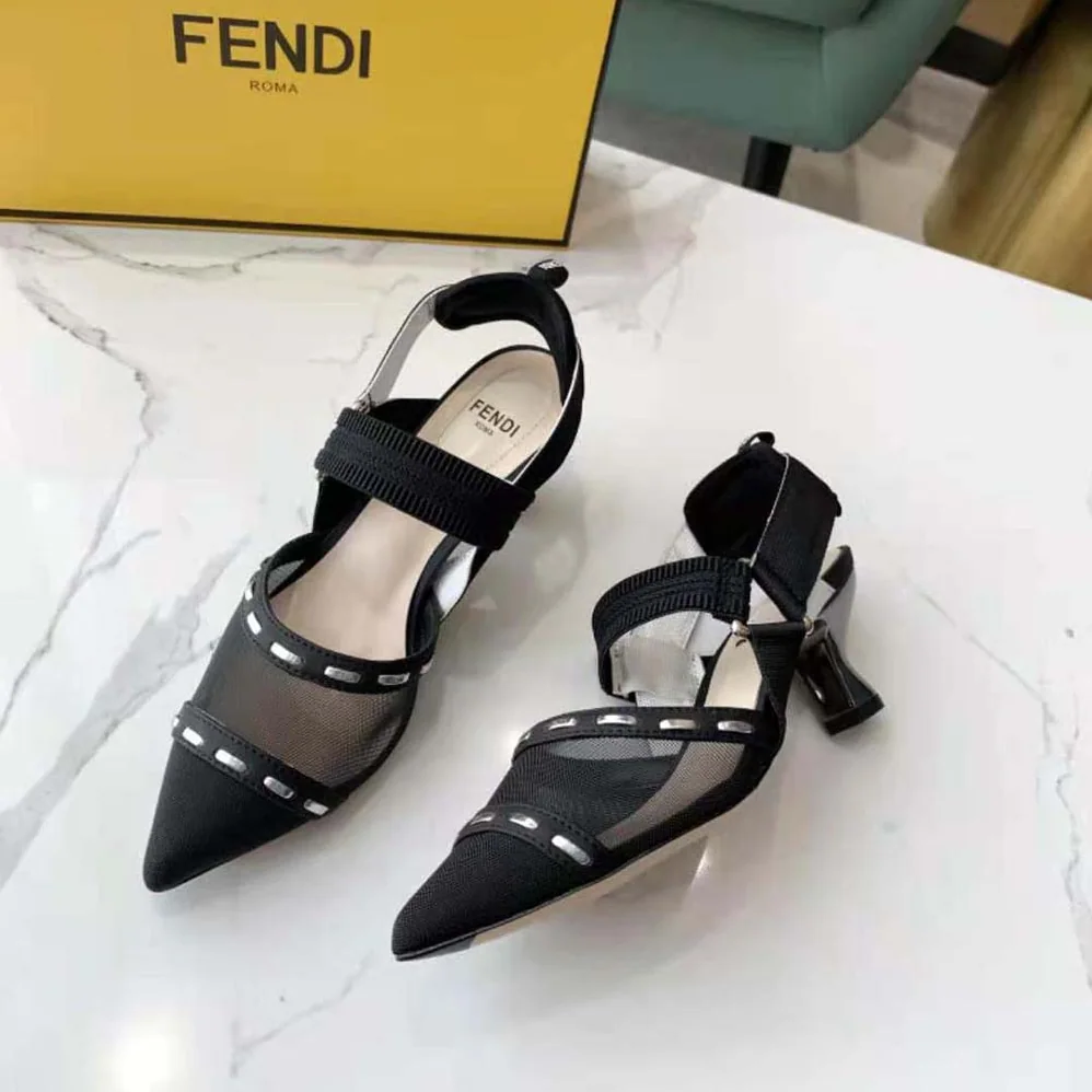 Fendi Colibri Black Mesh Medium-Heel Slingbacks with Metal Stitches for Women