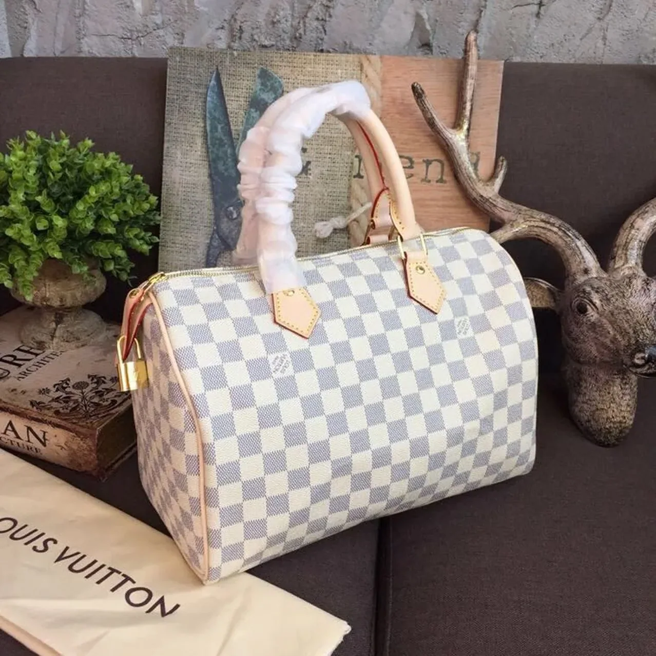 Louis Vuitton Speedy 30 Top Handle Bag / White/ Multicoloured Damier Azur Canvas Gold Hardware