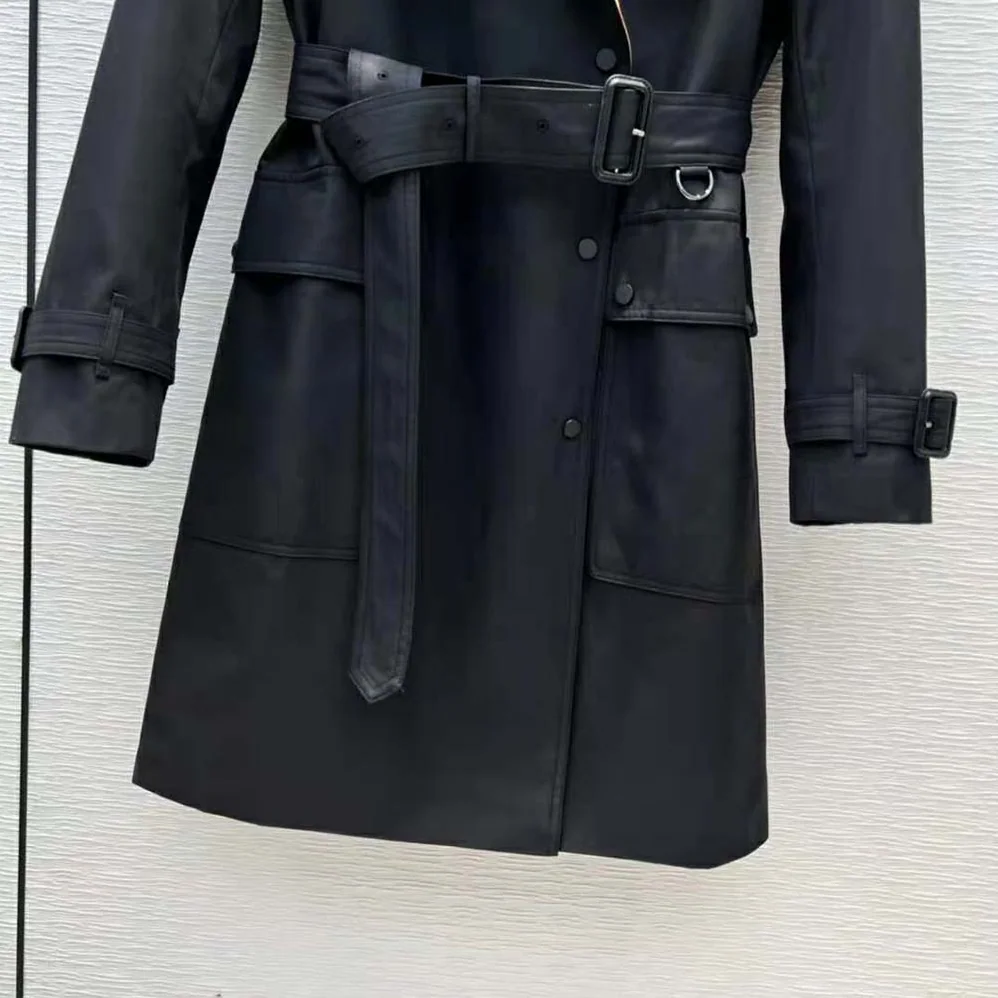 Burberry Check Panel Cotton Gabardine Trench Coat for Women in Black Burberry Check Panel Cotton Gabardine Trench Coat for Women in Black