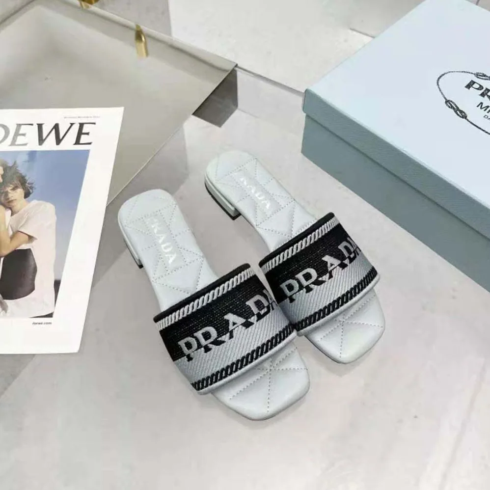 Prada Embroidered Fabric Slides for Women in Blue