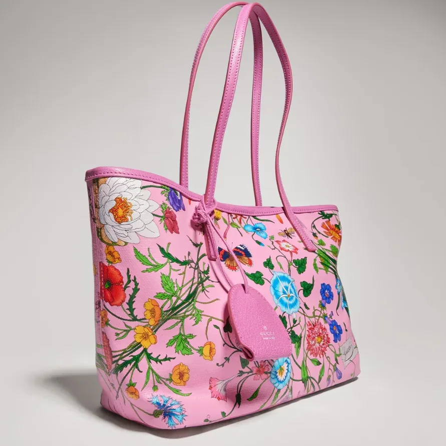 Gucci Tribeca Small Tote Bag / Pink/ Multicolor Gucci Flora Coated Canvas Palladium Hardware A0034E FAF8S 8642 Gucci Tribeca Small Tote Bag / Pink/ Multicolor Gucci Flora Coated Canvas Palladium Hardware A0034E FAF8S 8642