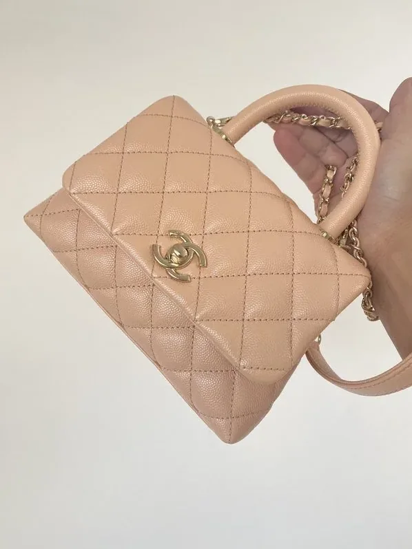 Chanel Mini Flap Bag Top Handle in Light Brown Gold Hardware