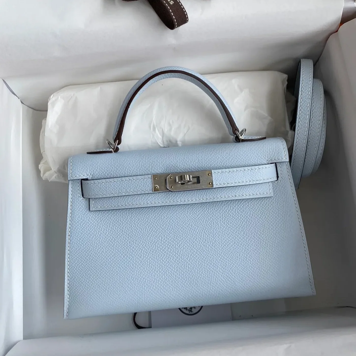 Hermes Kelly Mini Top Handle Bag / Sky Blue Epsom Palladium Hardware Hermes Kelly Mini Top Handle Bag / Sky Blue Epsom Palladium Hardware