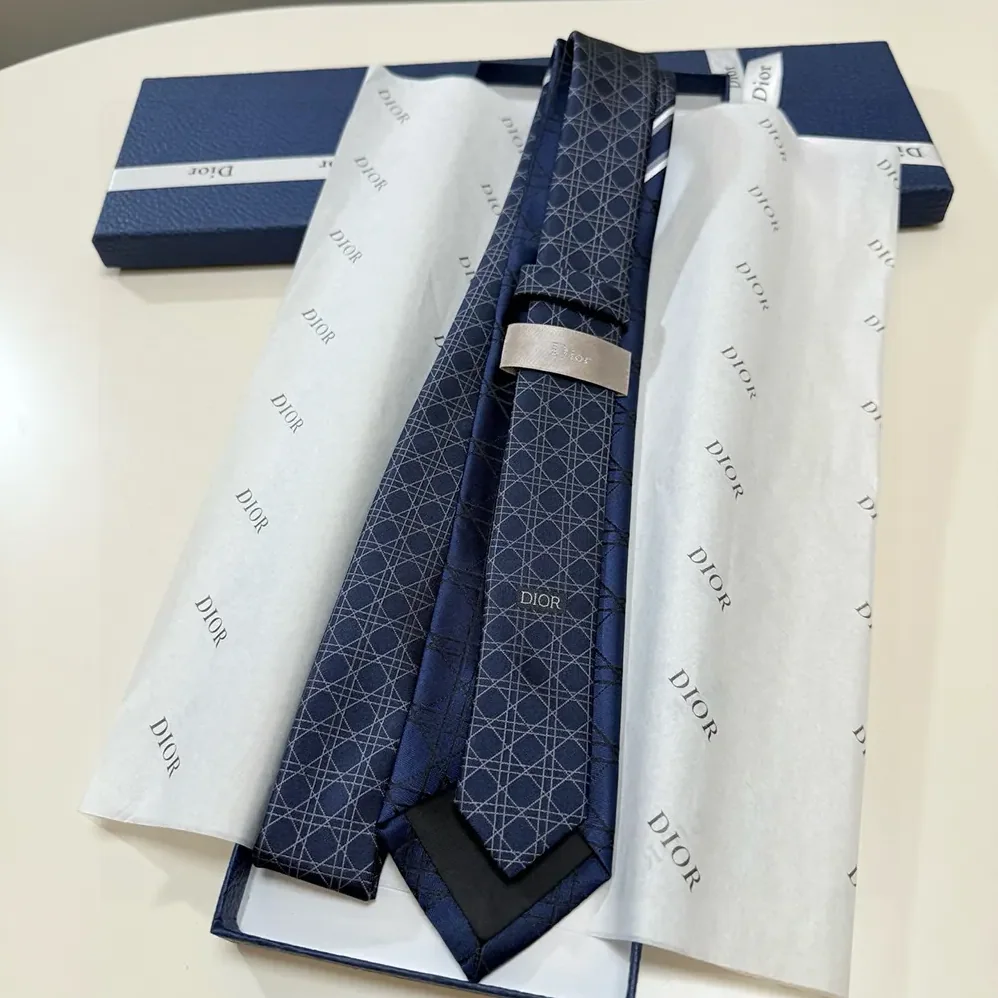 Dior Striped Cannage Tie Navy Blue Gray and White Silk for Men
