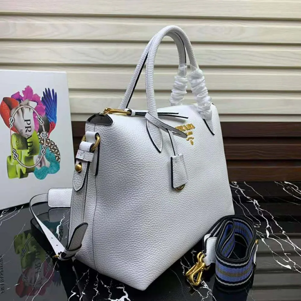 Prada Leather Handbag with Metal lettering Logo on the Front for Women in White