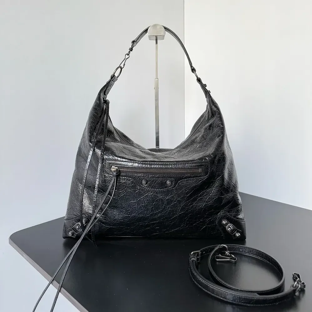 Balenciaga Le City Hobo Bag Medium in Black Arena Lambskin Brass Hardware for Women