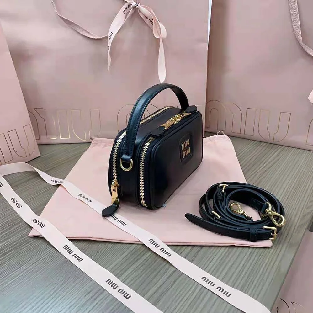 Miu Miu Arcadie Leather Bag with Metal Lettering Logo for Women in Black
