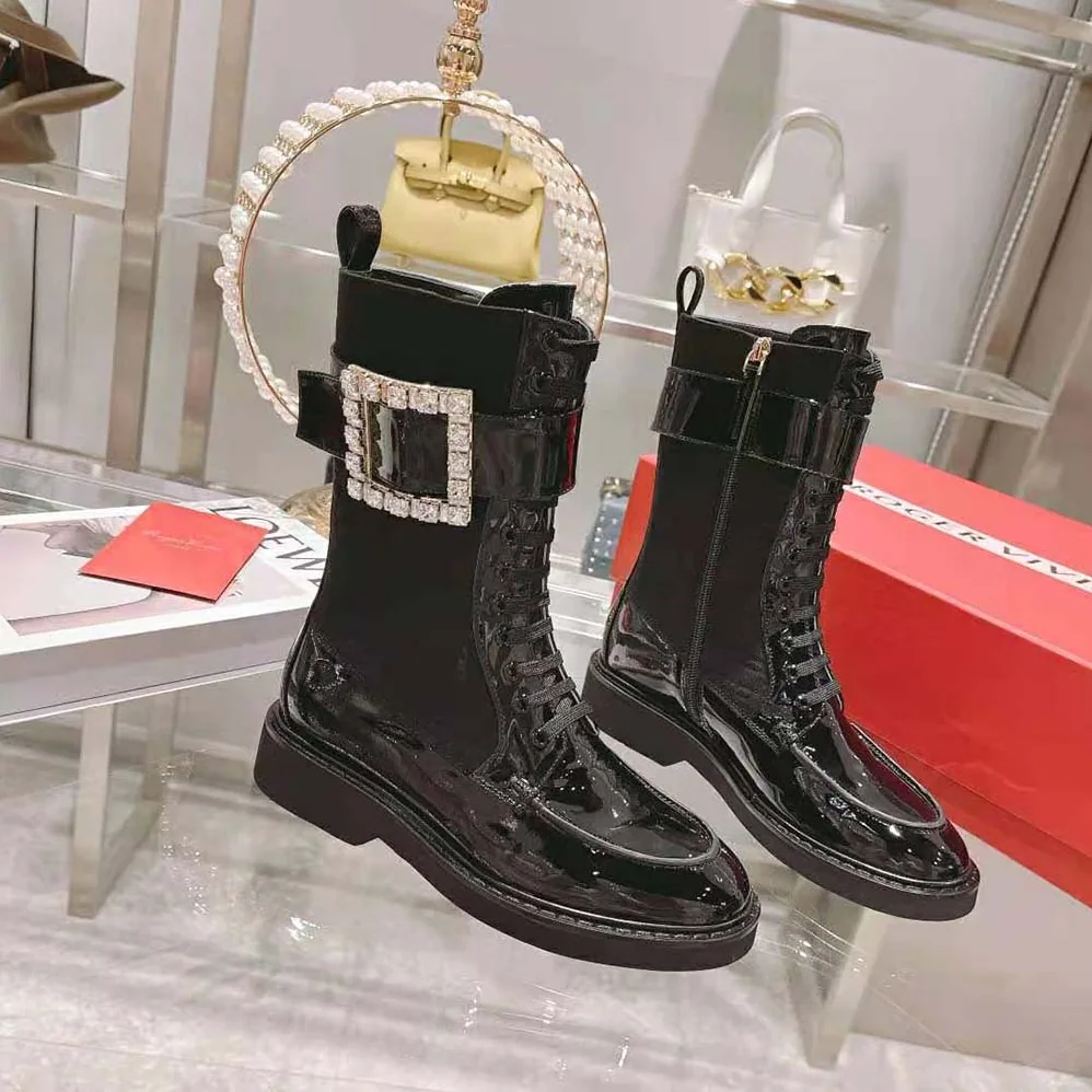 Roger Vivier Viv' Rangers Strass Buckle Boots in Fabrics for Women in Black Roger Vivier Viv' Rangers Strass Buckle Boots in Fabrics for Women in Black