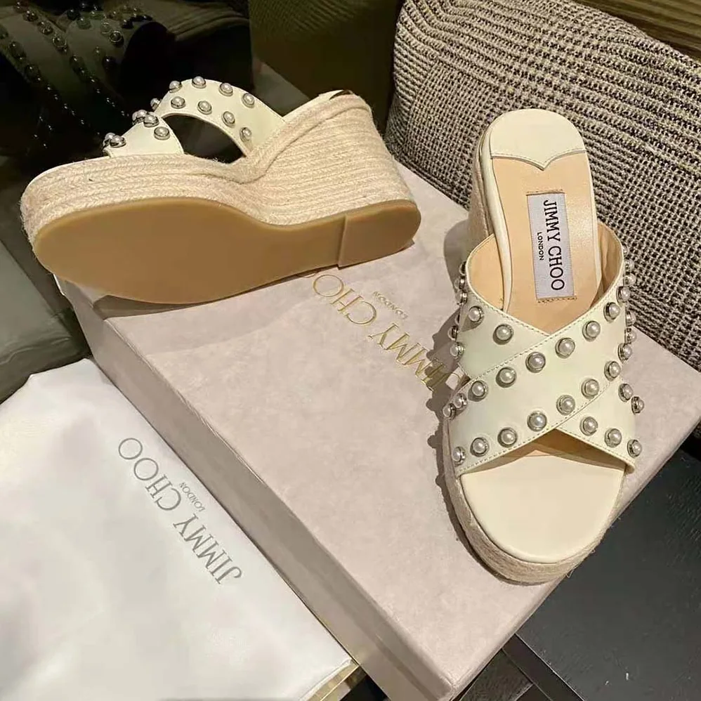 Jimmy Choo Dovina 100 Latte Nappa Wedges with Pearls for Women Jimmy Choo Dovina 100 Latte Nappa Wedges with Pearls for Women