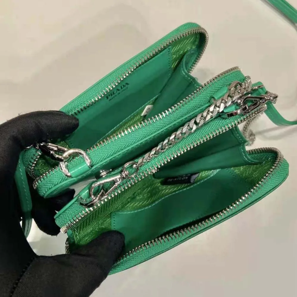 Prada Embellished Satin and Leather Mini-Pouch for Women in Green