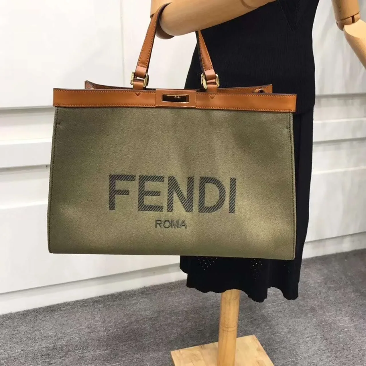 Fendi Peekaboo X-Tote Canvas Bag Green Khaki / FF 8BH374 Fendi Peekaboo X-Tote Canvas Bag Green Khaki / FF 8BH374