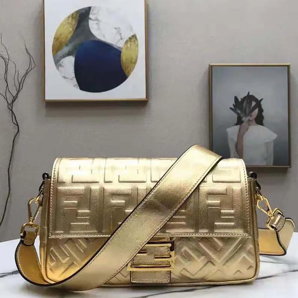 Fendi Baguette Fendi Prints On Leather Bag for Women in Gold Fendi Baguette Fendi Prints On Leather Bag for Women in Gold