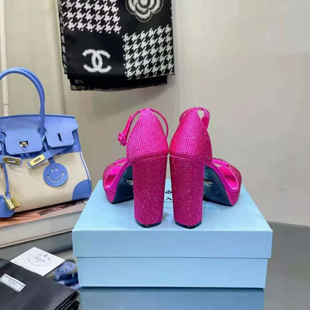 Prada Satin Platform Sandals with Crystals for Women in Pink