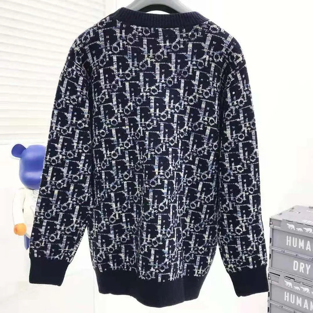 Dior Oblique Sweater Navy Blue Wool Jacquard for Men