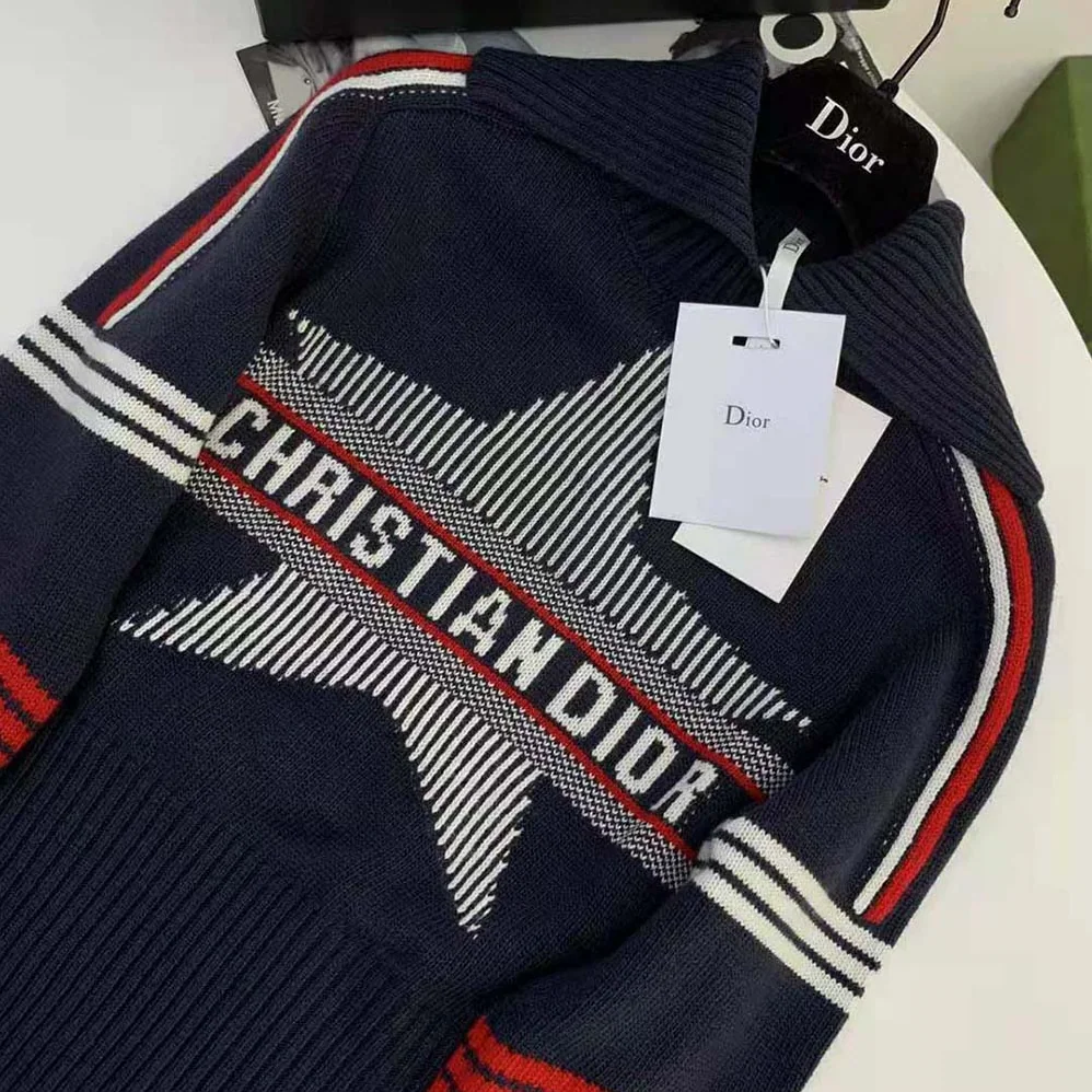 Dior Dioralps Stand Collar Sweater Blue Three-Tone Dior Star Wool and Cashmere Knit for Women