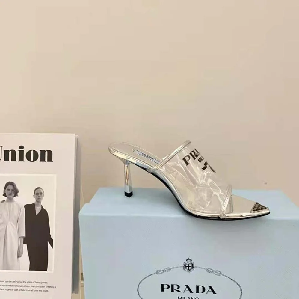 Prada Logo-print Plexiglas High-Heel Slides in 75mm Heel Height for Women Prada Logo-print Plexiglas High-Heel Slides in 75mm Heel Height for Women