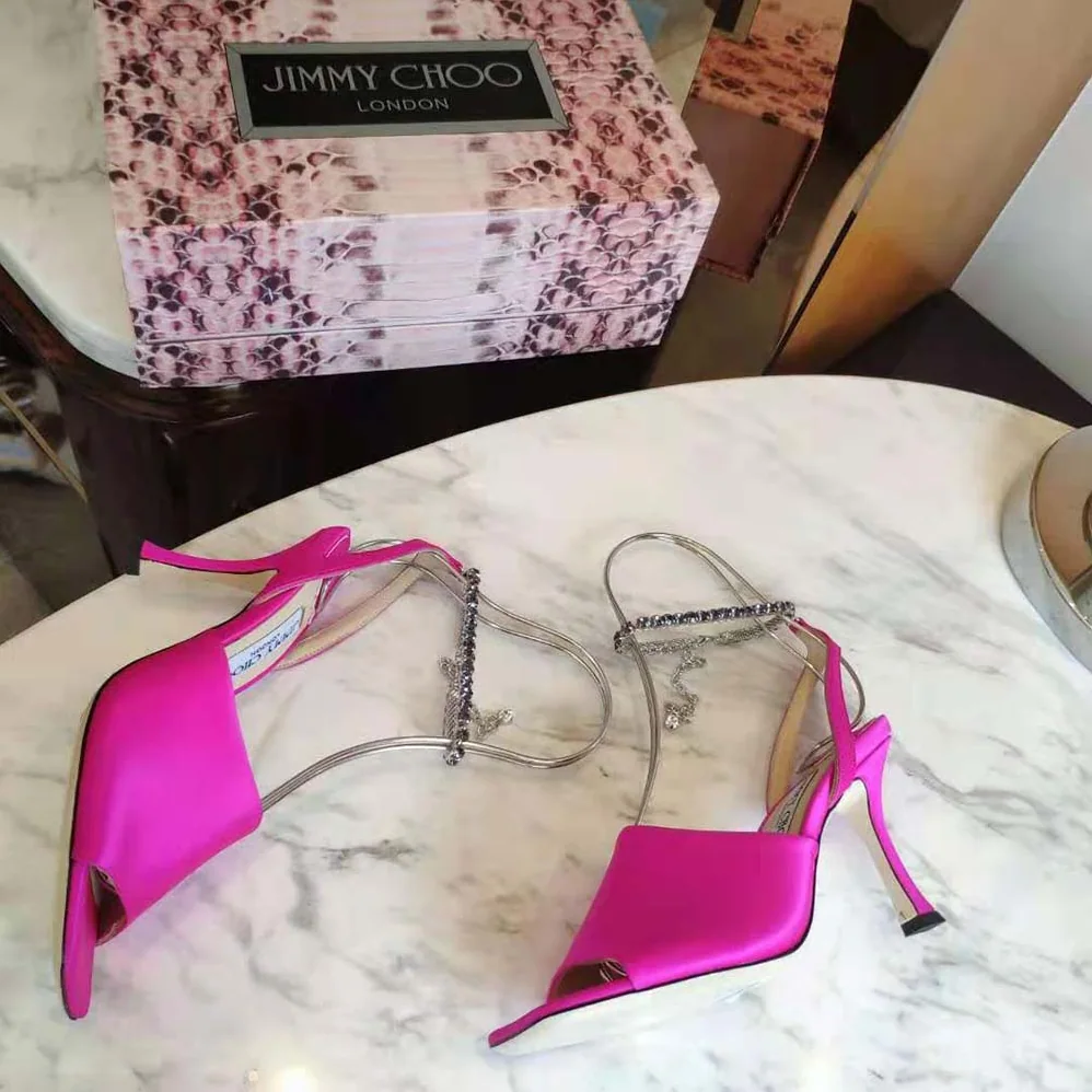 Jimmy Choo Sae 90 Fuchsia Satin Sandals with Crystal Chain Embellishment for Women Jimmy Choo Sae 90 Fuchsia Satin Sandals with Crystal Chain Embellishment for Women