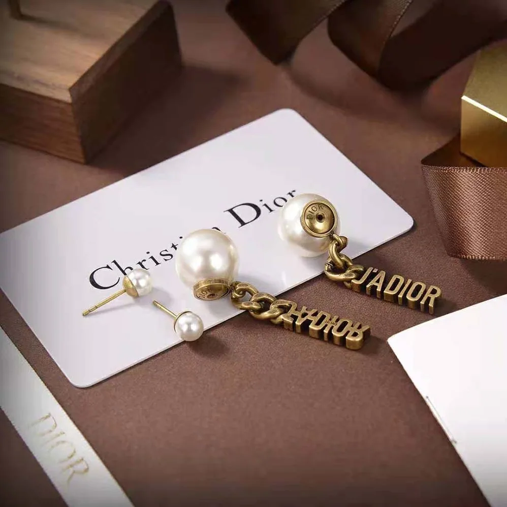 Dior Tribales Earrings Antique Gold-Finish Metal and White Resin Pearls for Women Dior Tribales Earrings Antique Gold-Finish Metal and White Resin Pearls for Women