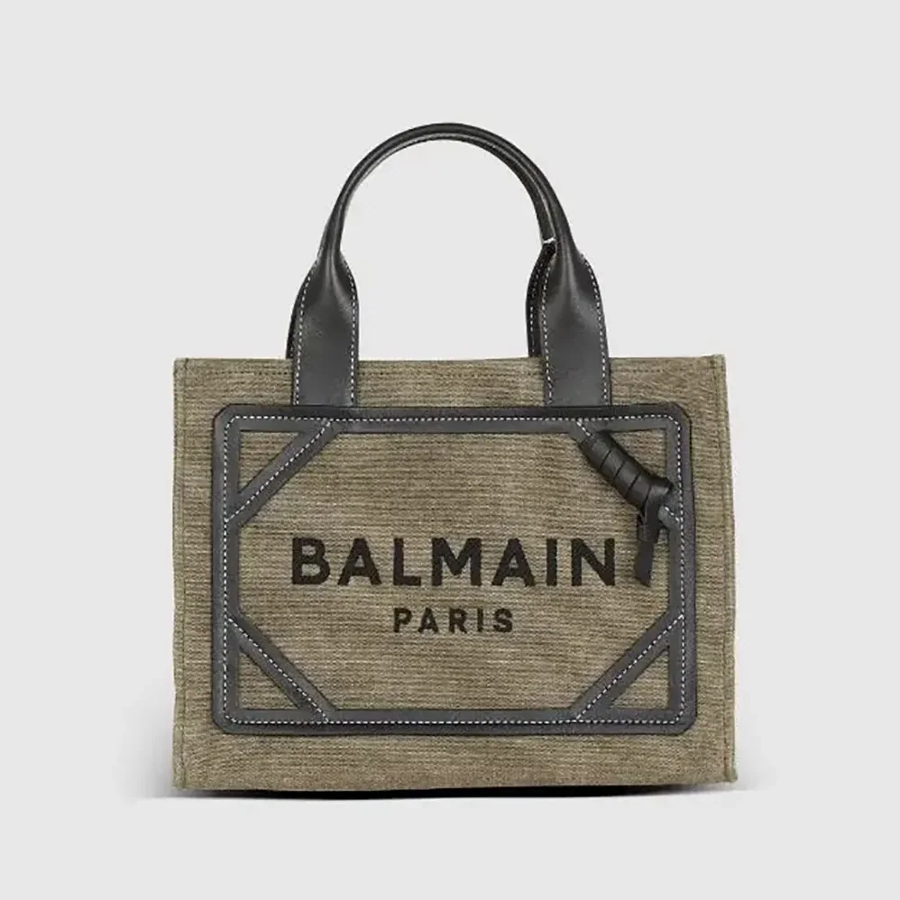 Balmain B-Army Small Canvas Shopping Bag with Leather Inserts for Women Balmain B-Army Small Canvas Shopping Bag with Leather Inserts for Women