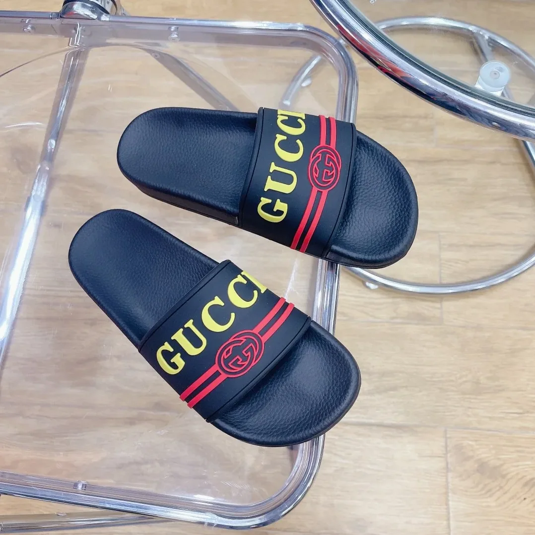 Gucci Logo Rubber Slide Black Red And Yellow for Men Gucci Logo Rubber Slide Black Red And Yellow for Men