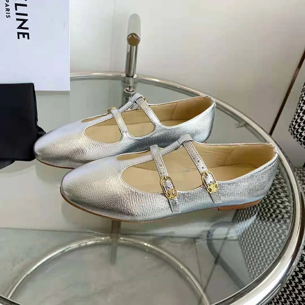 Celine Les Ballerines Celine Double Strap Mary Jane in Lizard Stamped Metalized Calfskin for Women Celine Les Ballerines Celine Double Strap Mary Jane in Lizard Stamped Metalized Calfskin for Women